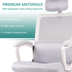 Office Chair, Ergonomic Mesh Computer Desk Chair, High Back Swivel Task Executive Chair Padding Armrests with Adjustable Rotatable Headrest Lumbar Support (Light Gray, No Hanger)