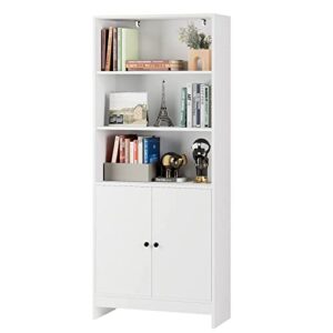 shuangz 3 tier bookcase with doors, 27.5 x 11.8 x 65.7 inch storage organizer cabinet with 3 open shelves, tall book shelf free standing floor cabinet for home office, white