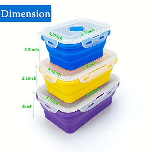 Lunbengo Camping Travel Collapsible Food Storage Container with Lids, Stackable Silicone Storage Containers Meal Prep Containers with Ideal Portion 350ml-540ml-800ml, Microwave Safe,3Piece