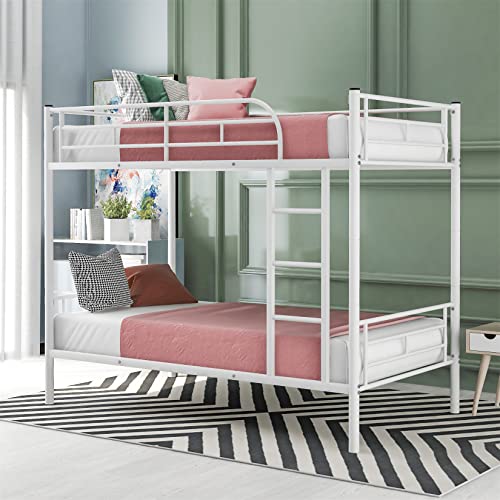 Metal Bunk Beds Twin Over Twin Heavy-Duty Convertible Bunk Bed Frame Divided into 2 Beds for Kids Boys Girls Teens, Steel Bunk Bed for Dorms, Universities Children’s Bedrooms, White