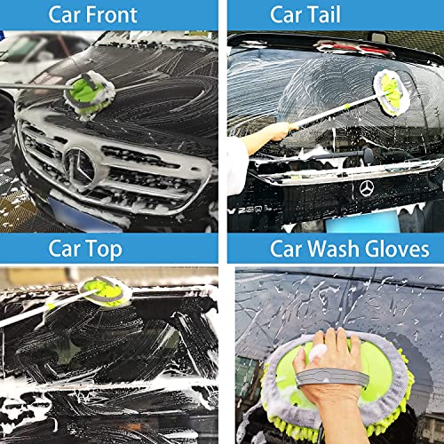 GIANT BEAR Car Wash Brush Mop Set with Long Handle, 42.9" Microfiber Chenille Mitt Not Hurt Paint Scratch Free Aluminum Alloy Cleaning Tool -4 in 1,Glass Window Scrabber Detail Wheel Brush