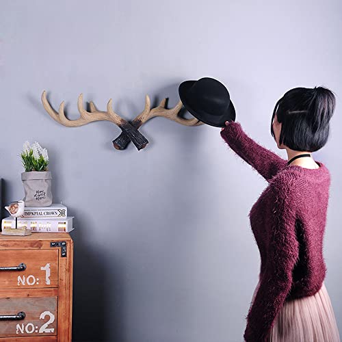 Mingoods Wall Hooks Deer Antler Rack Wall Mounted Cap Coat Clothes Hanger Scarves Towels Key Holder Antler Wall Decoration (Light Brown)