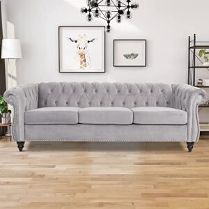 lefhda 84" velvet upholstered chesterfield sofa couch, modern 3 seater sofa couch, thicken seat cushions and button tufted back chesterfield couch with nailhead trim rolled armrests, grey