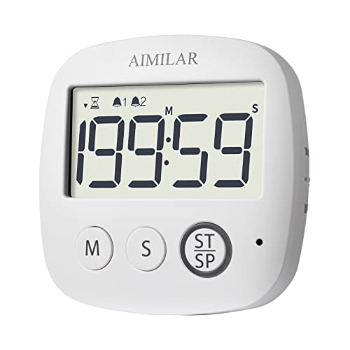 AIMILAR Digital Timer with Alarm Clock - Countdown Kitchen Cooking Timer, Big Digits, Magnetic, Stand, Hang, for Oven Baking Kids Teacher Study Games Office Gym Exercise White