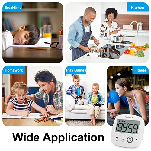 AIMILAR Digital Timer with Alarm Clock - Countdown Kitchen Cooking Timer, Big Digits, Magnetic, Stand, Hang, for Oven Baking Kids Teacher Study Games Office Gym Exercise White