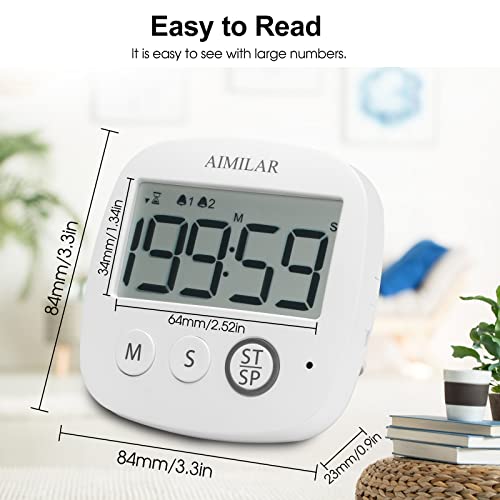 AIMILAR Digital Timer with Alarm Clock - Countdown Kitchen Cooking Timer, Big Digits, Magnetic, Stand, Hang, for Oven Baking Kids Teacher Study Games Office Gym Exercise White