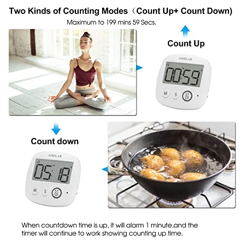 AIMILAR Digital Timer with Alarm Clock - Countdown Kitchen Cooking Timer, Big Digits, Magnetic, Stand, Hang, for Oven Baking Kids Teacher Study Games Office Gym Exercise White