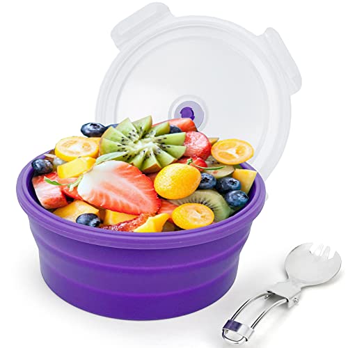 Lunbengo 1200ml Large Camping Bowl with Foldable Spoon, Collapsible Bowl With Lid, Silicone Bento Box, For Travel Camping Meal Prep & Food Storage, Microwave Dishwasher Safe, Purple