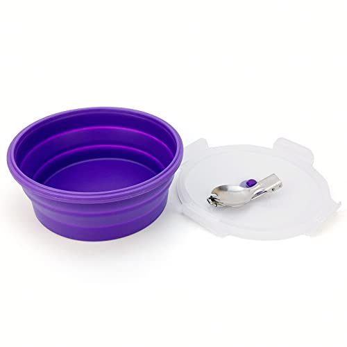 Lunbengo 1200ml Large Camping Bowl with Foldable Spoon, Collapsible Bowl With Lid, Silicone Bento Box, For Travel Camping Meal Prep & Food Storage, Microwave Dishwasher Safe, Purple