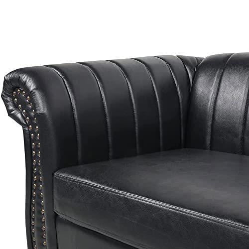 Leather Chesterfield Sofa Couch for Living Room, 84" 3 Seater Upholstered Sofa with Tufted Cushion and Back Rolled Armrests for Home Furniture, Modern Black