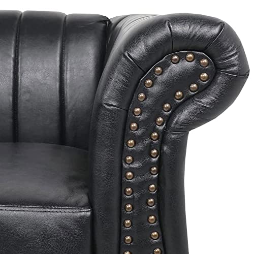 Leather Chesterfield Sofa Couch for Living Room, 84" 3 Seater Upholstered Sofa with Tufted Cushion and Back Rolled Armrests for Home Furniture, Modern Black