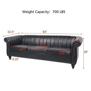 Leather Chesterfield Sofa Couch for Living Room, 84" 3 Seater Upholstered Sofa with Tufted Cushion and Back Rolled Armrests for Home Furniture, Modern Black