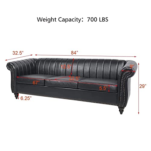 Leather Chesterfield Sofa Couch for Living Room, 84" 3 Seater Upholstered Sofa with Tufted Cushion and Back Rolled Armrests for Home Furniture, Modern Black