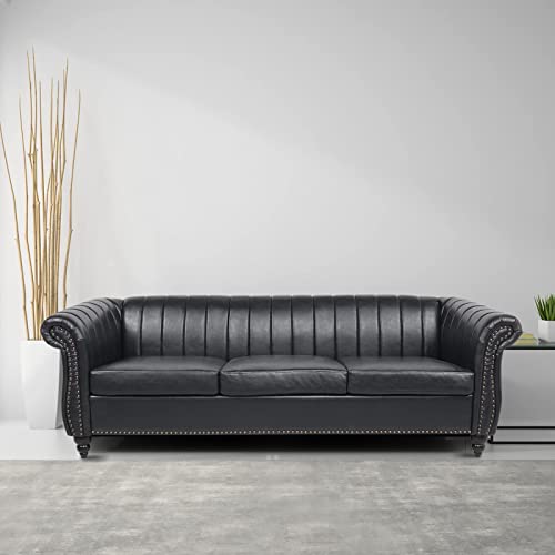 Leather Chesterfield Sofa Couch for Living Room, 84" 3 Seater Upholstered Sofa with Tufted Cushion and Back Rolled Armrests for Home Furniture, Modern Black