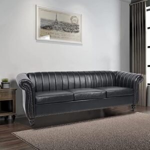 Leather Chesterfield Sofa Couch for Living Room, 84" 3 Seater Upholstered Sofa with Tufted Cushion and Back Rolled Armrests for Home Furniture, Modern Black