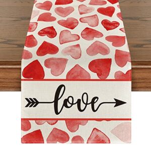 artoid mode watercolor heart arrow love valentine's day table runner, seasonal holiday kitchen dining table decoration for indoor outdoor home party decor 13 x 72 inch