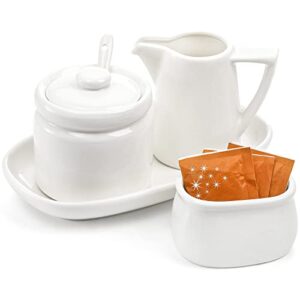 zenfun set of 4 porcelain creamer and sugar set with saucer, sugar bowl with lid and spoon, cream pitcher, sweetener holder, coffee serving set for kitchen home cafe party, restaurant, white