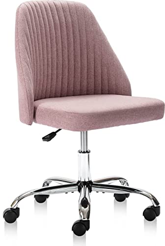 HOMEFLA Home Office Modern Linen Swivel Task Upholstered Fabric Desk Chair Armless with Wheels, Middle, Pink