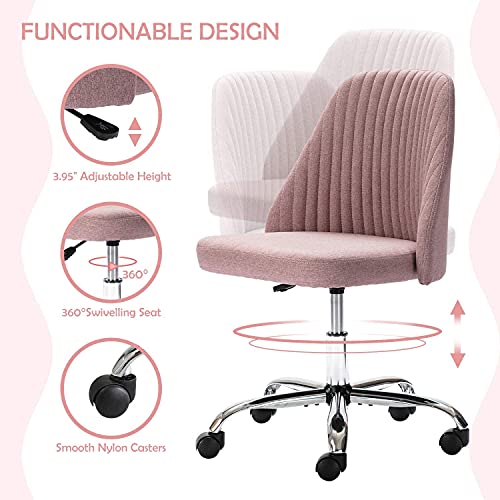 HOMEFLA Home Office Modern Linen Swivel Task Upholstered Fabric Desk Chair Armless with Wheels, Middle, Pink