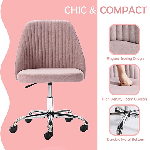 HOMEFLA Home Office Modern Linen Swivel Task Upholstered Fabric Desk Chair Armless with Wheels, Middle, Pink