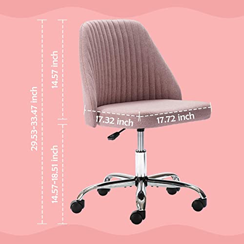 HOMEFLA Home Office Modern Linen Swivel Task Upholstered Fabric Desk Chair Armless with Wheels, Middle, Pink