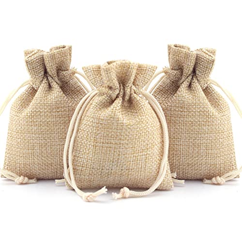 AICHLO 50PCS Burlap Gift Bags with Drawstring,Linen Burlap Bags Candy Bags Goodies Bag for Christmas Wedding Party and DIY Craft Packing (2.7 x 3.5 Inch | 9 x 7 CM, Natural Brown)