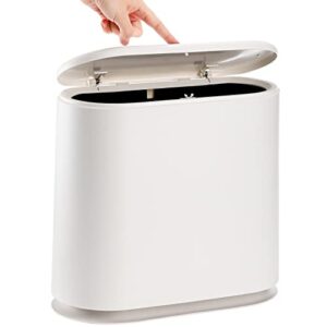 zenfun 2.6 gallon plastic trash can with press lid, oval slim wastebasket garbage container bin bathroom garbage can for living room, bedroom, kitchen, office, easy to clean, white