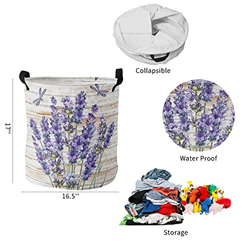 Laundry Basket Purple Lavender Dragonfly Hampers for Laundry Room/Dorm/Nursery Collapsible Clothes Hamper with Handle Waterproof Storage Baskets for Bedroom/Bathroom 16.5x17in