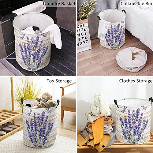 Laundry Basket Purple Lavender Dragonfly Hampers for Laundry Room/Dorm/Nursery Collapsible Clothes Hamper with Handle Waterproof Storage Baskets for Bedroom/Bathroom 16.5x17in