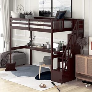 klmm twin size solid wood loft bed with staircase and built-in desk/safety guard rail/storage drawers, no box spring needed (espresso + pine@!)