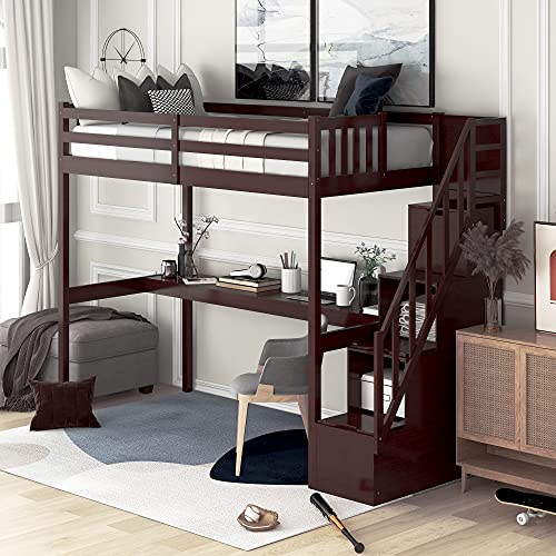 KLMM Twin Size Solid Wood Loft Bed with Staircase and Built-in Desk/Safety Guard Rail/Storage Drawers, No Box Spring Needed (Espresso + Pine@!)