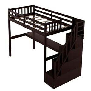 KLMM Twin Size Solid Wood Loft Bed with Staircase and Built-in Desk/Safety Guard Rail/Storage Drawers, No Box Spring Needed (Espresso + Pine@!)