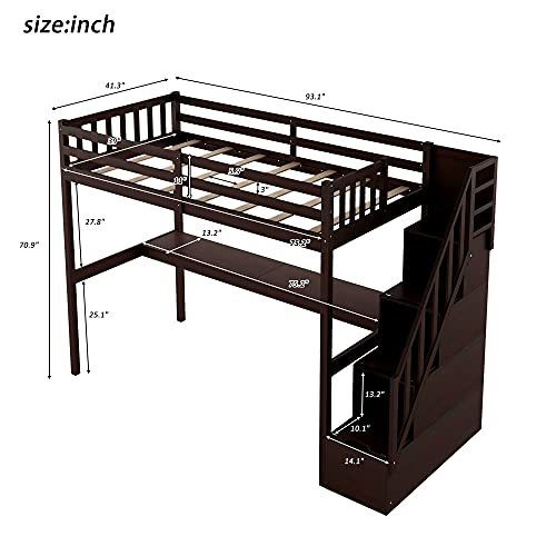 KLMM Twin Size Solid Wood Loft Bed with Staircase and Built-in Desk/Safety Guard Rail/Storage Drawers, No Box Spring Needed (Espresso + Pine@!)