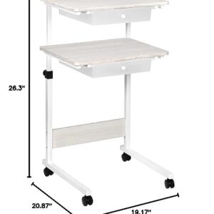 East Bank Designs Adjustable Height Rolling Table, White with Wood Grain Laminate Top