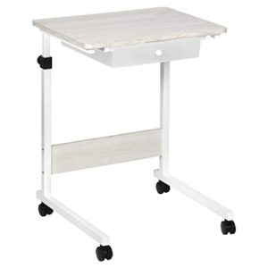 East Bank Designs Adjustable Height Rolling Table, White with Wood Grain Laminate Top