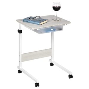 East Bank Designs Adjustable Height Rolling Table, White with Wood Grain Laminate Top