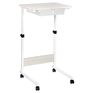 East Bank Designs Adjustable Height Rolling Table, White with Wood Grain Laminate Top