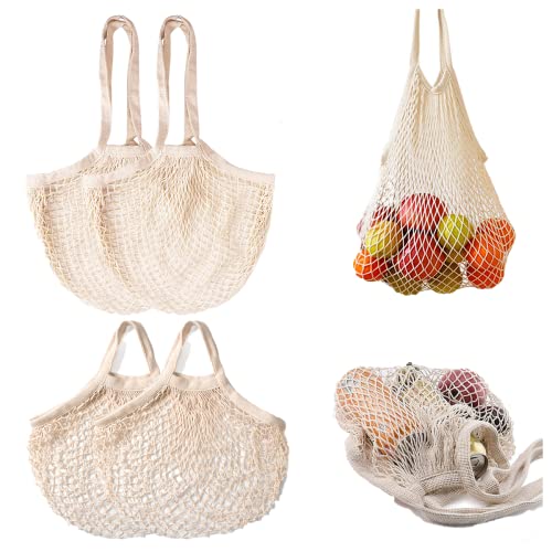 Tensico Reusable extra-length Shoulder strap Mesh Bags Cotton Mesh Grocery Bags,100% Cotton Net Cotton String Shopping Bag,Eco Market Bag Tote Bag Vegetable,Pack of 4 Portable Washable.