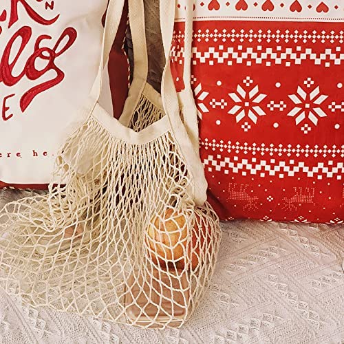 Tensico Reusable extra-length Shoulder strap Mesh Bags Cotton Mesh Grocery Bags,100% Cotton Net Cotton String Shopping Bag,Eco Market Bag Tote Bag Vegetable,Pack of 4 Portable Washable.