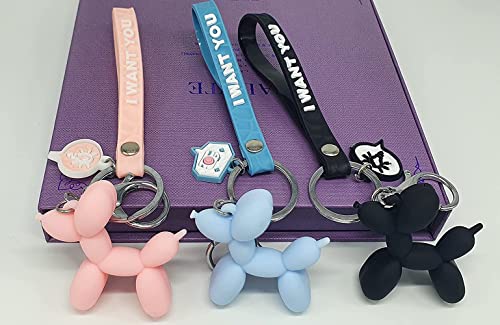 Cute Dog Keychain Balloon Dog Style Keyring soft Silicon interior decor Car Home Office Decoration Animal Keyhook Lovely Puppy Key Holder (3ea set(Black+Pink+Sky-blue))