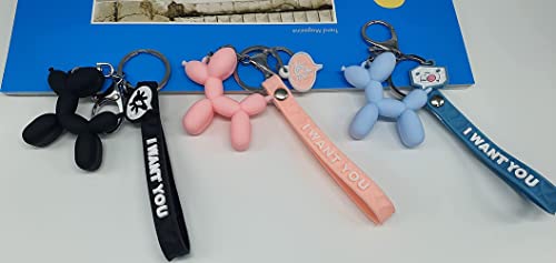 Cute Dog Keychain Balloon Dog Style Keyring soft Silicon interior decor Car Home Office Decoration Animal Keyhook Lovely Puppy Key Holder (3ea set(Black+Pink+Sky-blue))