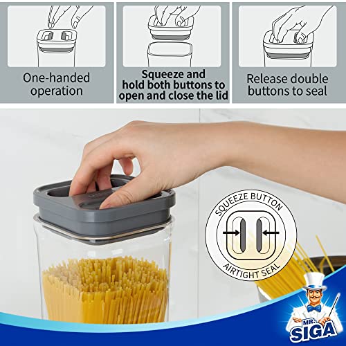 MR.SIGA 8 Piece Airtight Food Storage Container Set, BPA Free Kitchen Pantry Organization Canisters, One-Handed Airtight Plastic Containers with Lids for Cereal, Spaghetti, Pasta, Gray