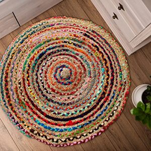 chardin home braided boho round rug natural jute & rainbow rags | 3 feet round farmhouse jute & cotton rag area rug | artisanal bohemian handcrafted home décor | multi