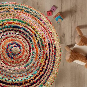 Chardin home Braided Boho Round Rug Natural Jute & Rainbow Rags | 3 feet Round Farmhouse Jute & Cotton Rag Area Rug | Artisanal Bohemian Handcrafted Home Décor | Multi