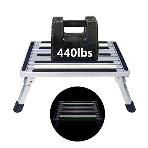 Aluminum Folding RV Steps with 2 Luminous Strips, Working Platform, One Step Ladder, Rubber Feet and Sandy Surface, for RV, Motorhome, Trainler, SUV, Garage, Office & Kitchen, Load Capacity 440LBS