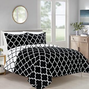 Elegant Comfort All Season Comforter and Year Round Medium Weight Super Soft Quatrefoil Pattern Down Alternative Reversible 3-Piece Comforter Set, Full/Queen, Black/White