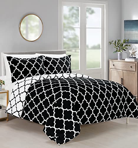 Elegant Comfort All Season Comforter and Year Round Medium Weight Super Soft Quatrefoil Pattern Down Alternative Reversible 3-Piece Comforter Set, Full/Queen, Black/White