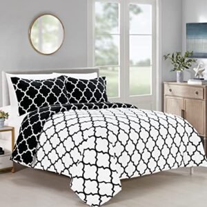 Elegant Comfort All Season Comforter and Year Round Medium Weight Super Soft Quatrefoil Pattern Down Alternative Reversible 3-Piece Comforter Set, Full/Queen, Black/White