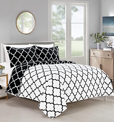 Elegant Comfort All Season Comforter and Year Round Medium Weight Super Soft Quatrefoil Pattern Down Alternative Reversible 3-Piece Comforter Set, Full/Queen, Black/White