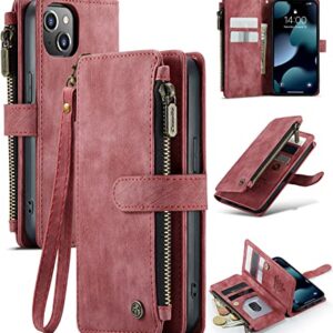 CaseMe iPhone 13 Case with Card Holder, Suede Retro iPhone 13 Wallet Case for Women Men, iPhone 13 Case with 7 Drivers License Card Slots Magnetic Closure Change Coin Zipper Pocket Kickstand, Red